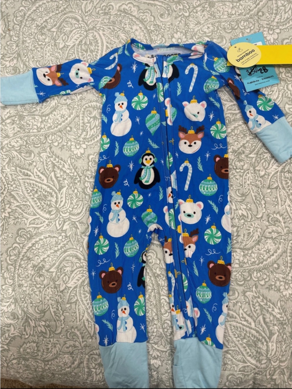 BAMBOO Blue Holiday Animal Print Footed One-Piece